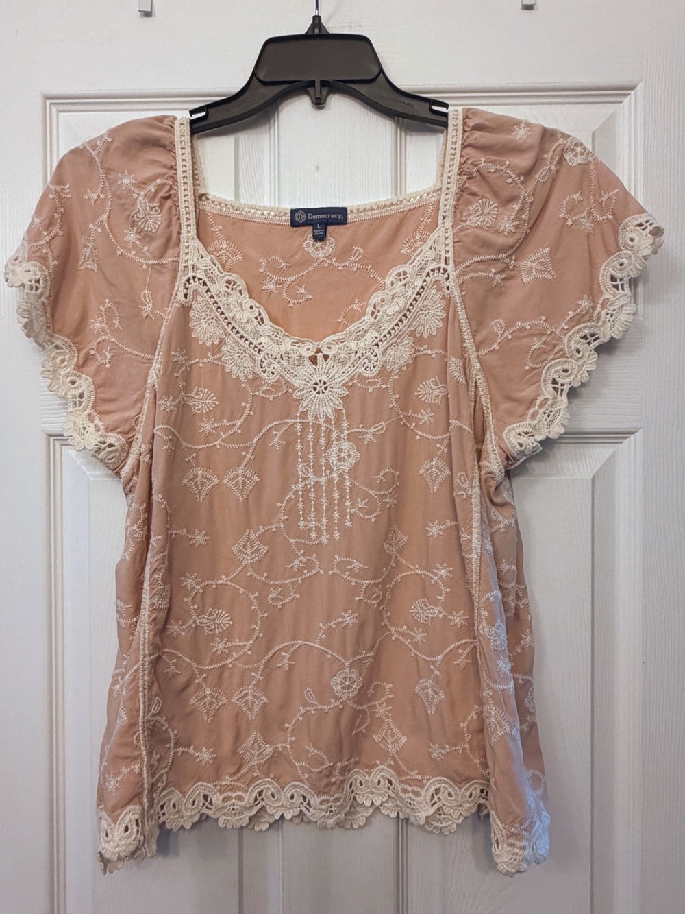 Democracy Blush Pink Lace-Trim Embroidered Blouse
